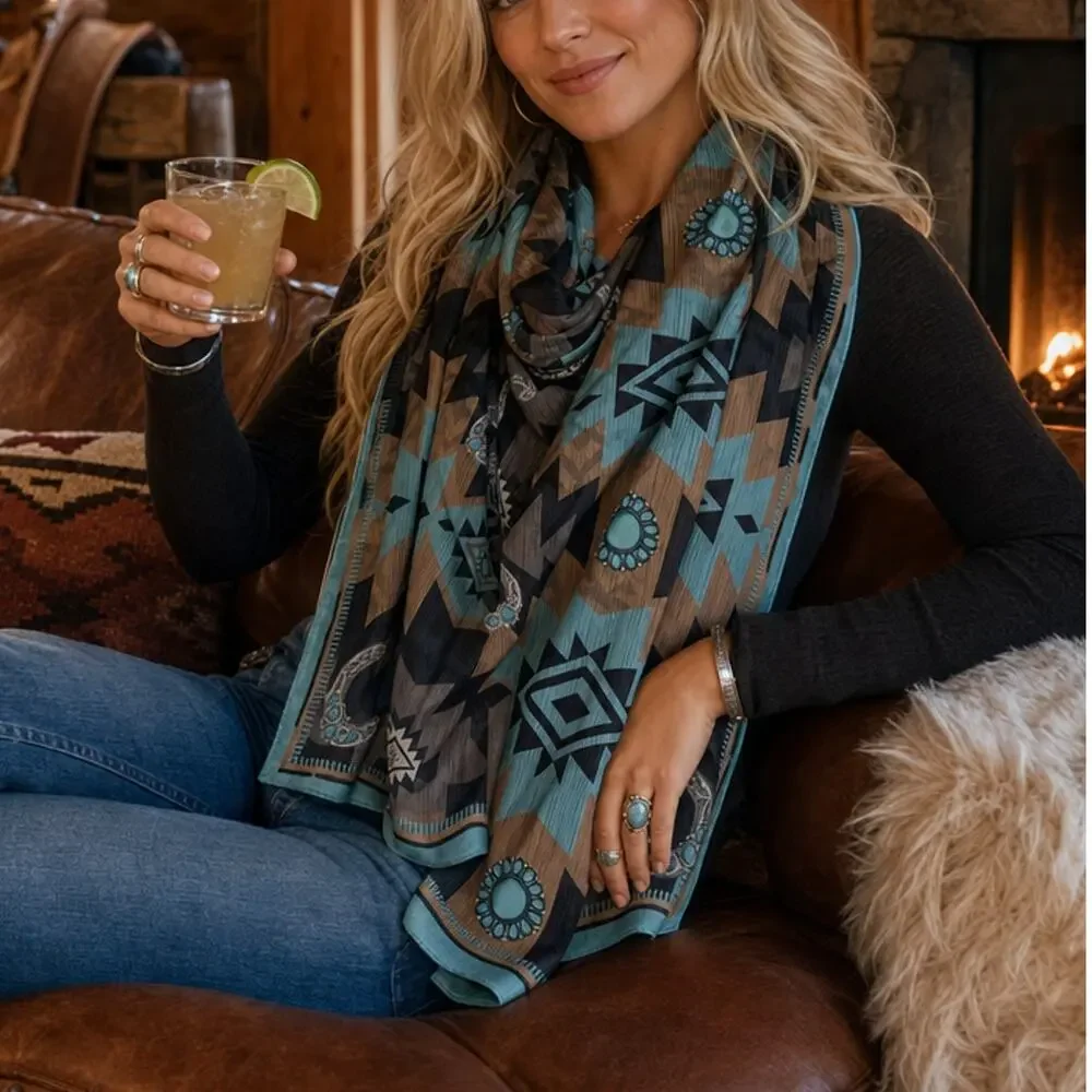 Aztec Print Square Silky Wild Rag | Teal/Mocha